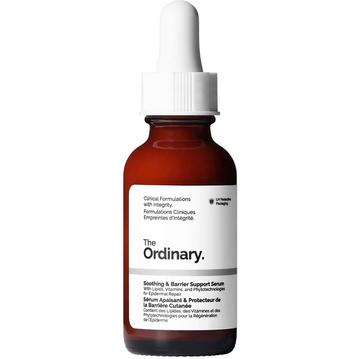The Ordinary Soothing & Barrier Support Serum 30 ml rauhoittava seerumi ruskeassa lasipullossa valkoisella pipetillä.