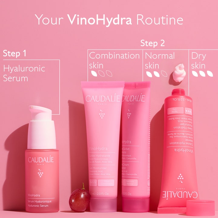 Caudalie Vinohydra Deep Hydration Moisturizer 60 ml kasvovoide vaaleanpunaisissa tuubeissa ja pullossa.