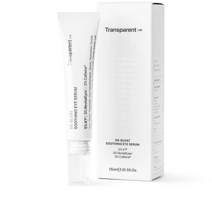 Niche Beauty Lab Transparent Lab De-Bloat Soothing Eye Serum 15 ml turvotusta laskeva silmänympärysseerumi ja tuubi