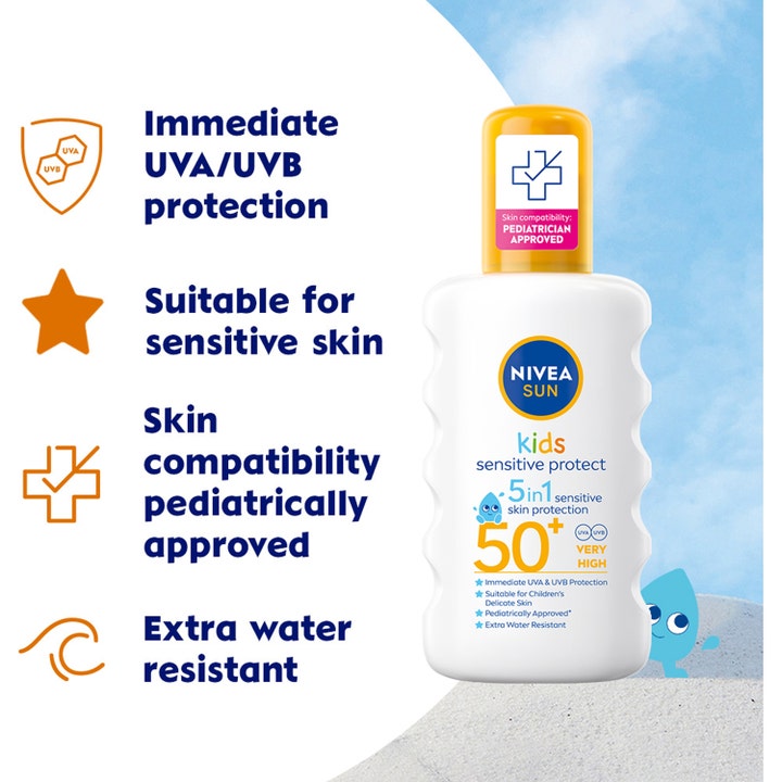 Nivea Sun Kids Protect & Sensitive Spray 200 ml aurinkosuojasuihke SPF 50+ valkoisessa otetta helpottavassa pullossa.