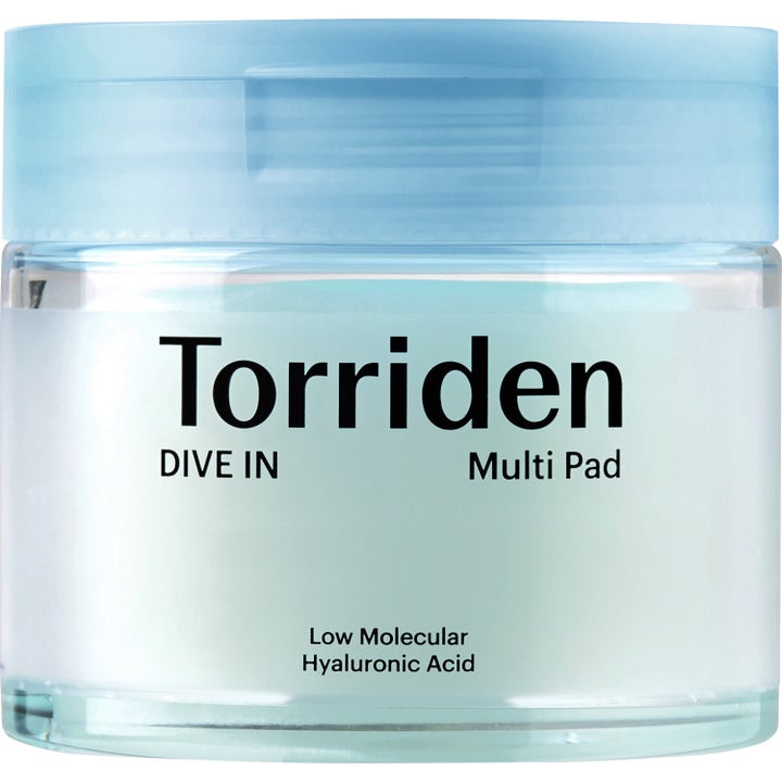 Torriden DIVE IN Multi Pad 80 kpl kosteuttava hyaluronihappo kosteuslappu kirkkaassa purkissa vaaleansinisellä korkilla