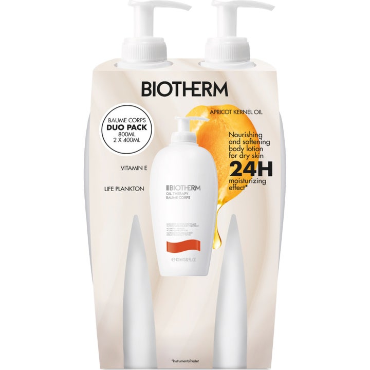 Biotherm Oil Therapy Baume Corps 2 x 400 ml pehmentävä vartalovoide on kaksi valkoista pumppupulloa aprikoosipakkauksessa