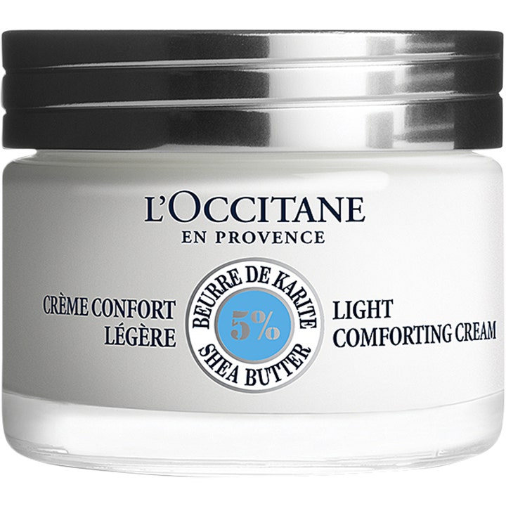 L'Occitane Shea Light Comforting Cream kosteuttava kasvovoide lasipurkissa hopeisella kannella