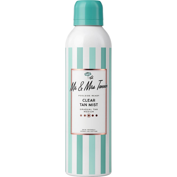 Mr & Mrs Tannie Clear Tan Mist Gradual Tan Medium itseruskettava suihke turkoosiraitaisessa pullossa.
