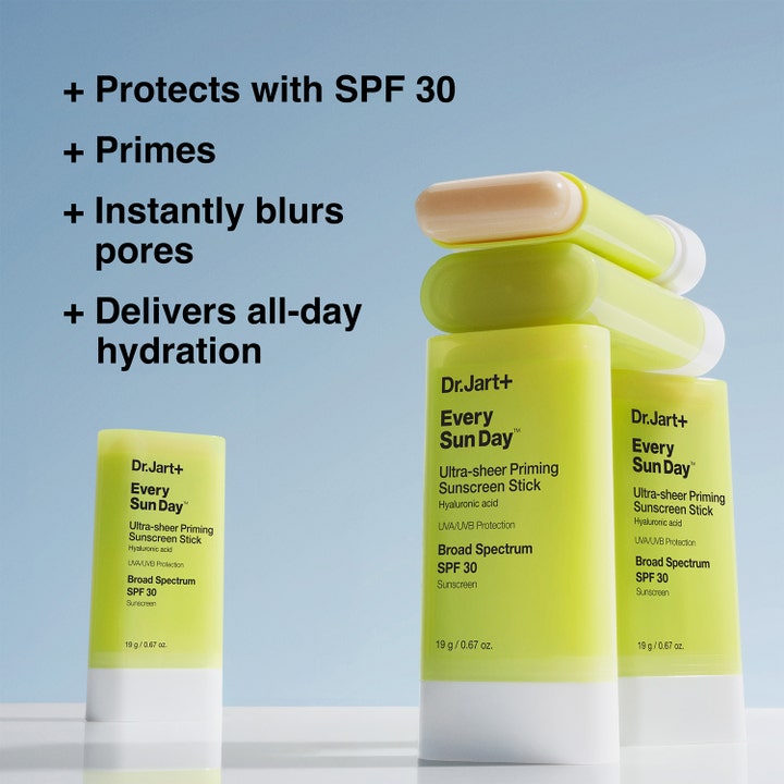 Dr.Jart+ Every Sun Day Priming Sunscreen Stick 19 g keltainen aurinkosuojapuikko SPF 30 häivyttää ihohuokosia ja kosteuttaa.