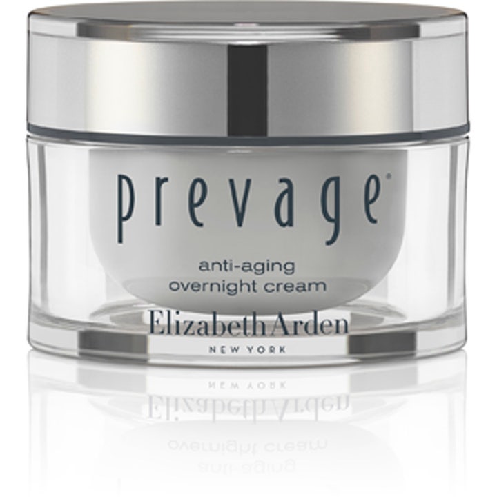 Elizabeth Arden Prevage Anti-aging Overnight Cream uudistava yövoide kirkkaassa lasipurkissa hopeisella korkilla.