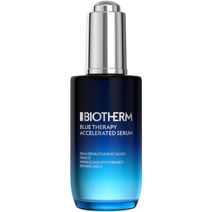 Biotherm Blue Therapy Accelerated Serum kiinteyttävä seerumi sinisessä liukuvärjätyssä lasipullossa hopeisella pipetillä