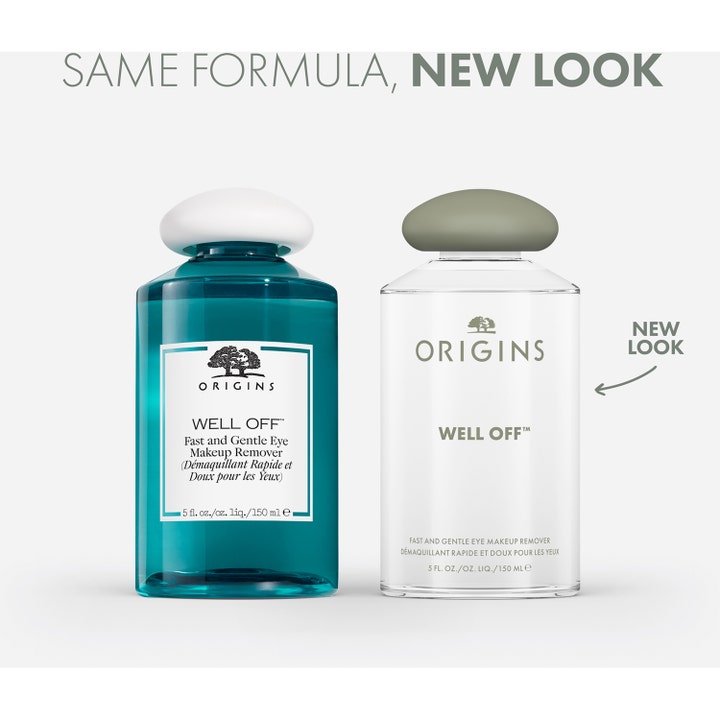 Origins Well Off 150 ml silmämeikinpoistoaine uudessa kirkkaassa pullossa vihreällä korkilla.
