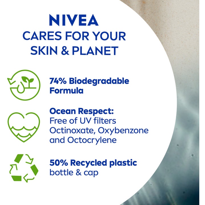 NIVEA Sun UV Face Anti Age Q10 Cream 50 ml aurinkovoide kasvoille kertoo biohajoavasta koostumuksesta ja merten suojelusta.