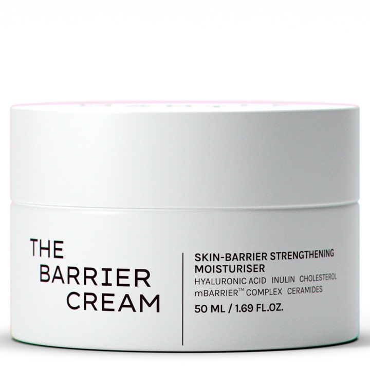 The Barrier Cream 50 ml vahvistava kasvovoide valkoisessa purkissa, joka sisältää keramideja ja hyaluronihappoa.
