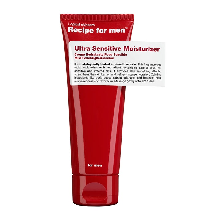 Recipe for men Ultra Sensitive Moisturizer rauhoittava kasvovoide punaisessa muovituubissa valkoisella etiketillä