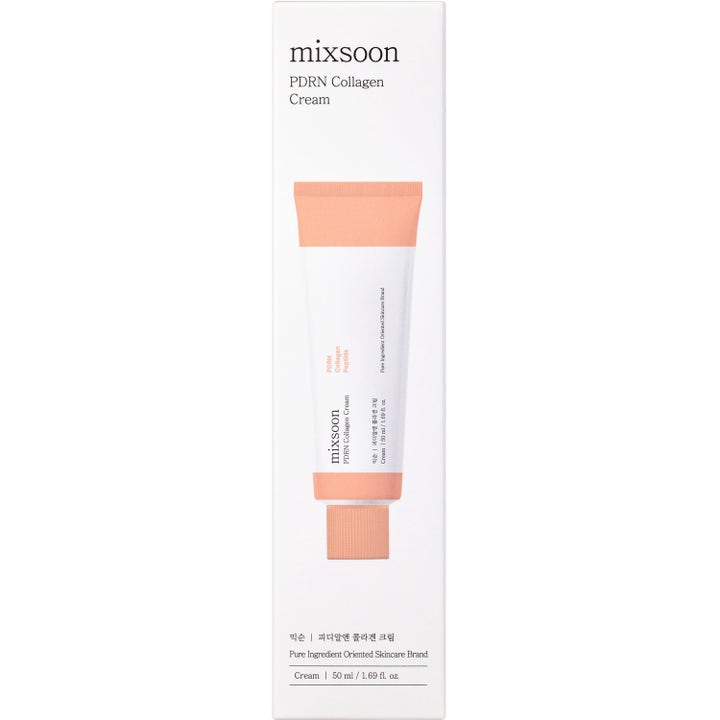 Mixsoon PDRN Collagen Cream 50 ml uudistava kasvovoide valkoisessa pahvipakkauksessa jossa on persikan sävyjä