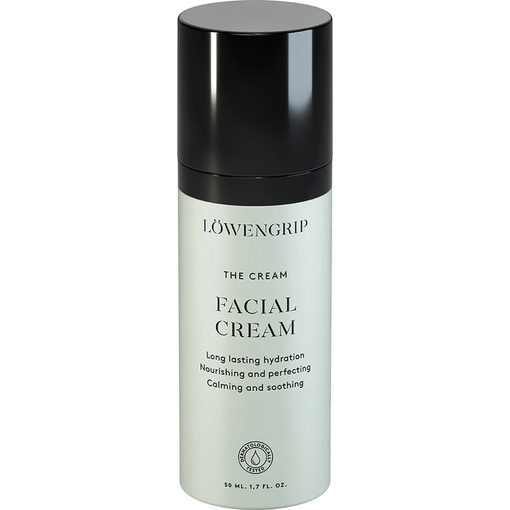 Löwengrip The Cream Facial Cream 50 ml kosteuttava ja rauhoittava kasvovoide vaaleanvihreässä pullossa mustalla korkilla
