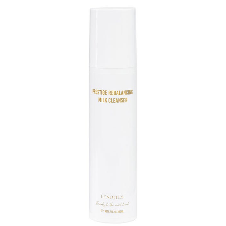 Lenoites Prestige Rebalancing Milk Cleanser 200 ml tasapainottava puhdistusmaito valkoisessa pullossa kultaisella tekstillä