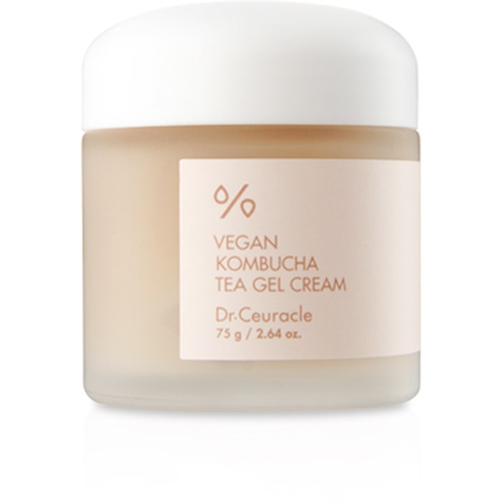 Dr. Ceuracle Vegan Kombucha Tea Gel Cream 75 g kosteuttava kasvovoide huurretussa lasipurkissa valkoisella kannella.