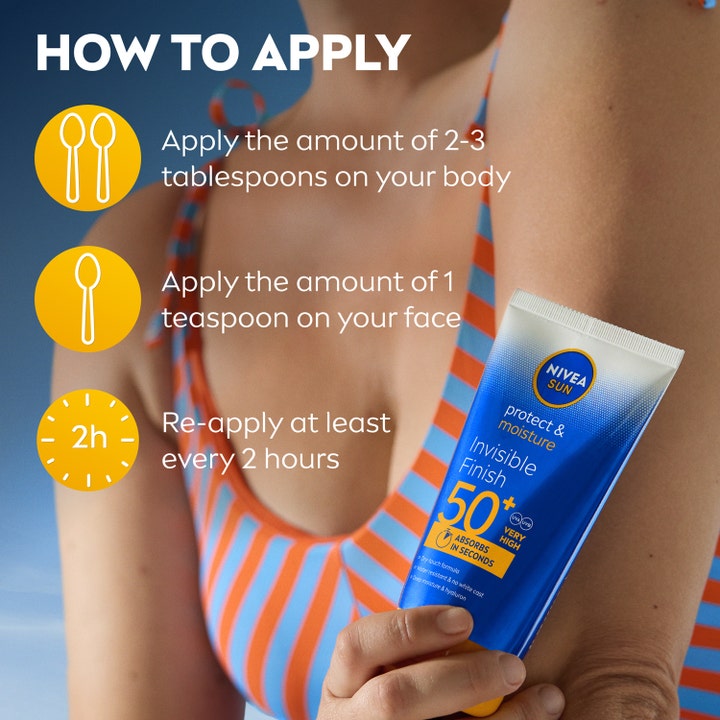 Nivea Sun Protect & Moisture 150 ml aurinkovoide ja käyttöohjekuva, jossa nainen pitelee sinistä SPF 50+ tuubia.