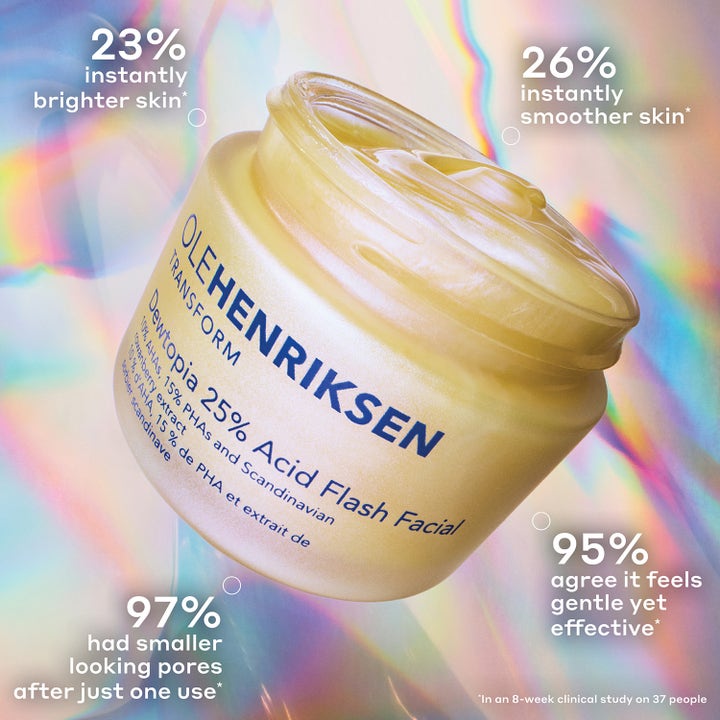 Ole Henriksen Transform Dewtopia 25% Acid Flash Facial 50 ml kirkastava naamio, paksu keltainen geeli lasipurkissa.