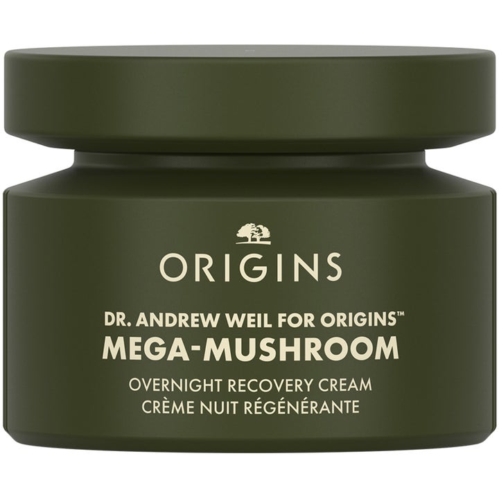 Origins Mega-Mushroom Overnight Recovery Cream rauhoittava yövoide mattapintaisessa tummanvihreässä purkissa.
