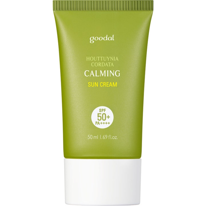 Goodal Houttuynia Cordata Calming Sun Cream 50 ml rauhoittava aurinkovoide vihreässä tuubissa valkoisella korkilla