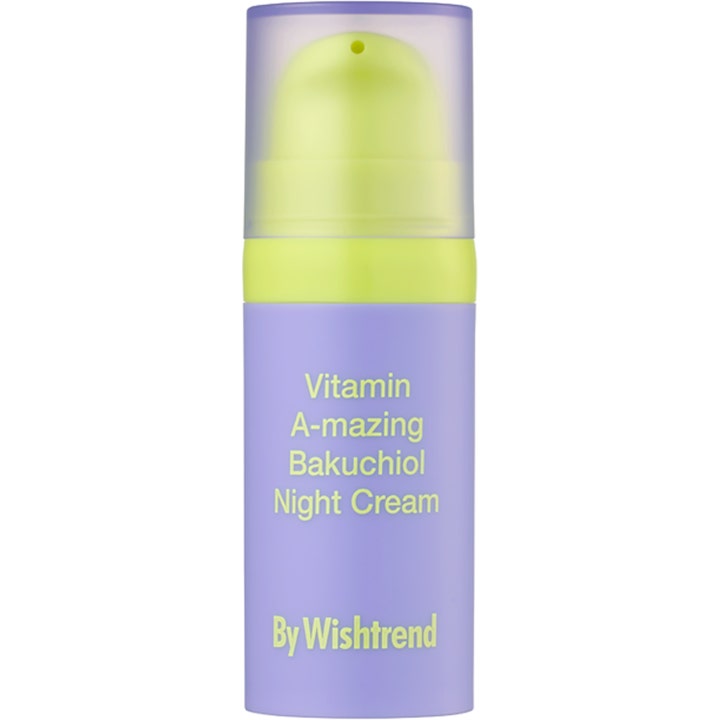 By Wishtrend Vitamin A-mazing Bakuchiol Night Cream 30 ml silottava yövoide liilassa pullossa neonkeltaisella pumpulla