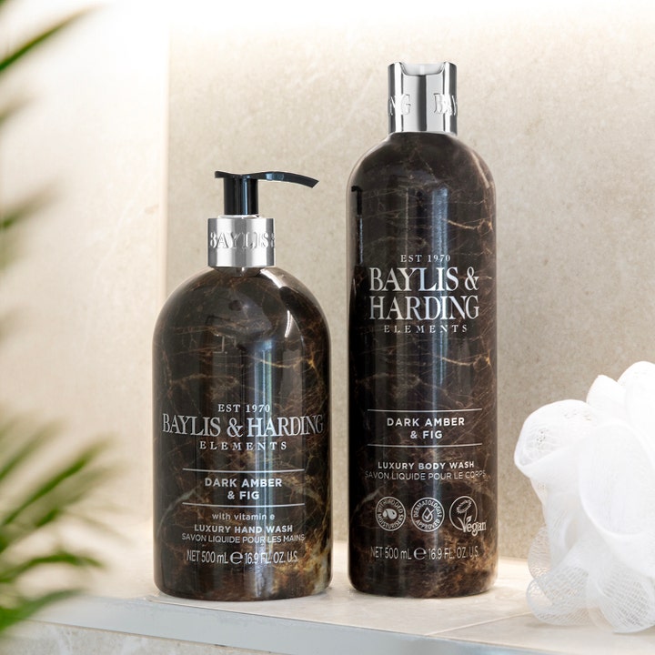 Baylis & Harding Elements Dark Amber & Fig 500 ml vegaaninen suihkusaippua tyylikkäässä tummassa marmoripullossa.