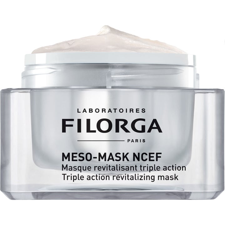 Filorga Meso-Mask NCEF 50 ml elvyttävä ansiktsnaamio avatussa hopeisessa purkissa jossa on täyteläinen voide
