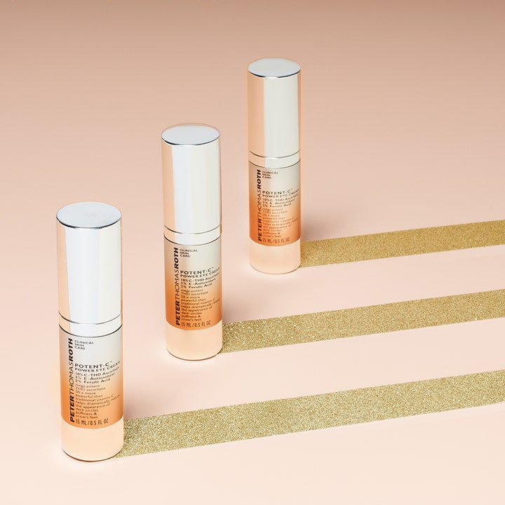 Peter Thomas Roth Potent-C Eye Cream 15 ml kirkastava silmänympärysvoide kolmena pumppupullona kultaisilla kimalteilla.