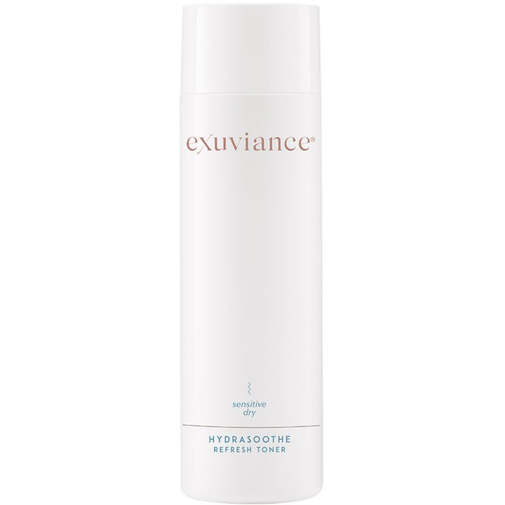 Exuviance HydraSoothe Refresh Toner 200 ml rauhoittava kasvovesi kosteuttaa ihoa valkoisessa sylinteripullossa.