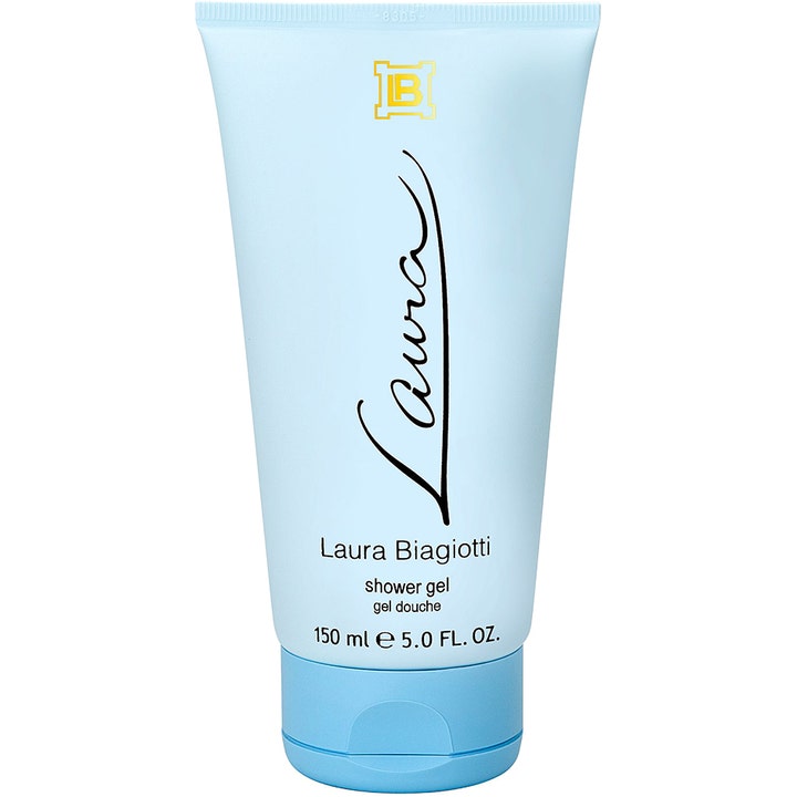 Laura Biagiotti Laura 150 ml virkistävä suihkugeeli tyylikkäässä vaaleansinisessä tuubissa kultaisella logolla.