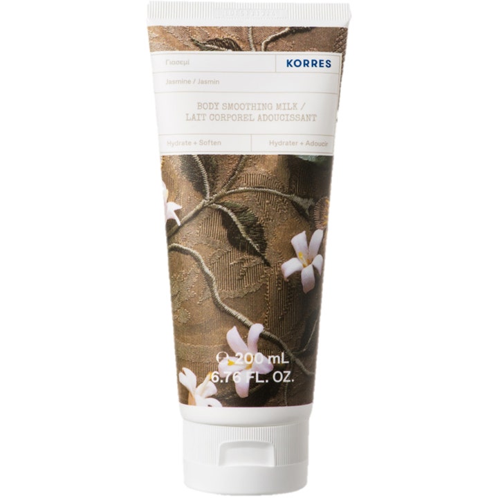 Korres Jasmine Body Smoothing Milk 200 ml pehmentävä vartalomaito valkoisessa kukkakuvioisessa tuubissa