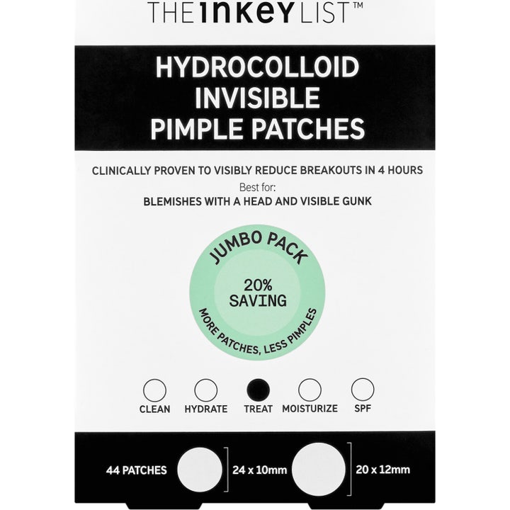 The INKEY List Hydrocolloid Invisible Pimple Patches 22 kpl finnejä hoitava laastari mustavalkoisessa pakkauksessa