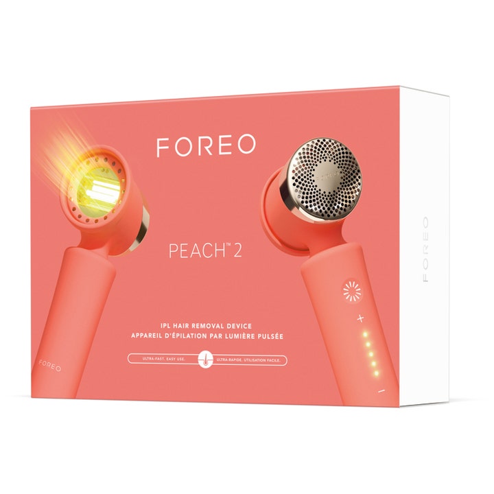 FOREO PEACH™ 2 IPL-karvanpoistolaite tehokkaaseen karvanpoistoon tyylikkäässä persikanvärisessä pakkauksessa.