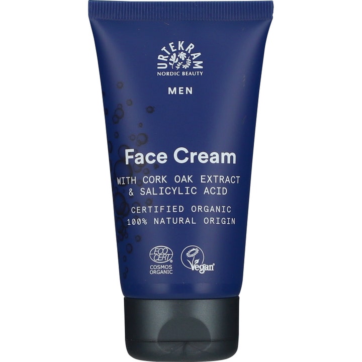 Urtekram Men Face Cream 50 ml salisyylihappoa sisältävä kasvovoide tummansinisessä tuubissa mustalla korkilla