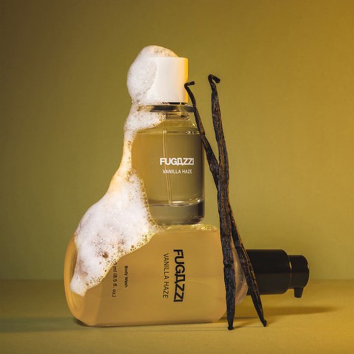 Fugazzi Vanilla Haze 250 ml kosteuttava suihkugeeli, jossa on pehmeää vaahtoa ja aitoja vaniljatankoja.