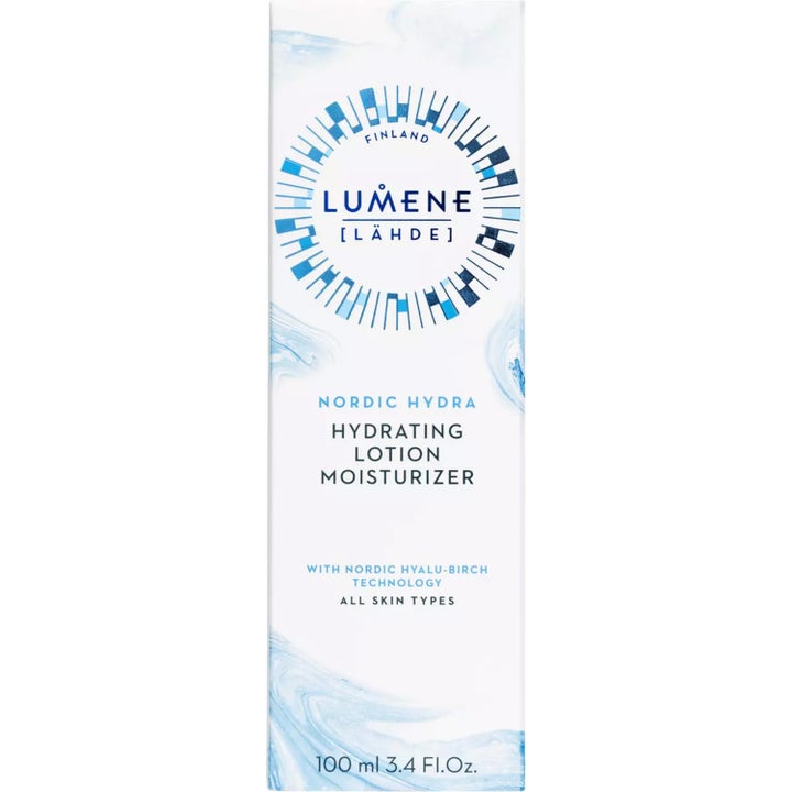 Lumene Nordic Hydra Hydrating Lotion 100 ml kosteuttava emulsiovoide valkoisessa pahvipakkauksessa.