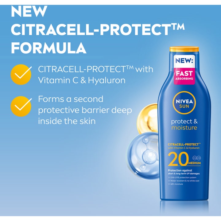 NIVEA Protect & Moisture Sun Lotion SPF20 200 ml kosteuttava aurinkovoide Citracell-Protect-koostumuksella.