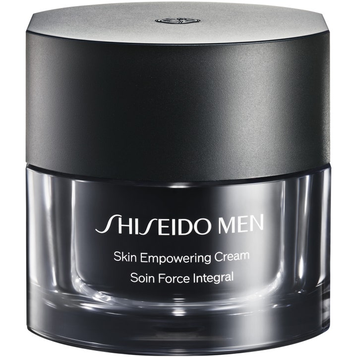Shiseido Men Skin Empowering Cream elvyttävä kasvovoide tummassa lasipurkissa jossa on mattapintainen musta kansi