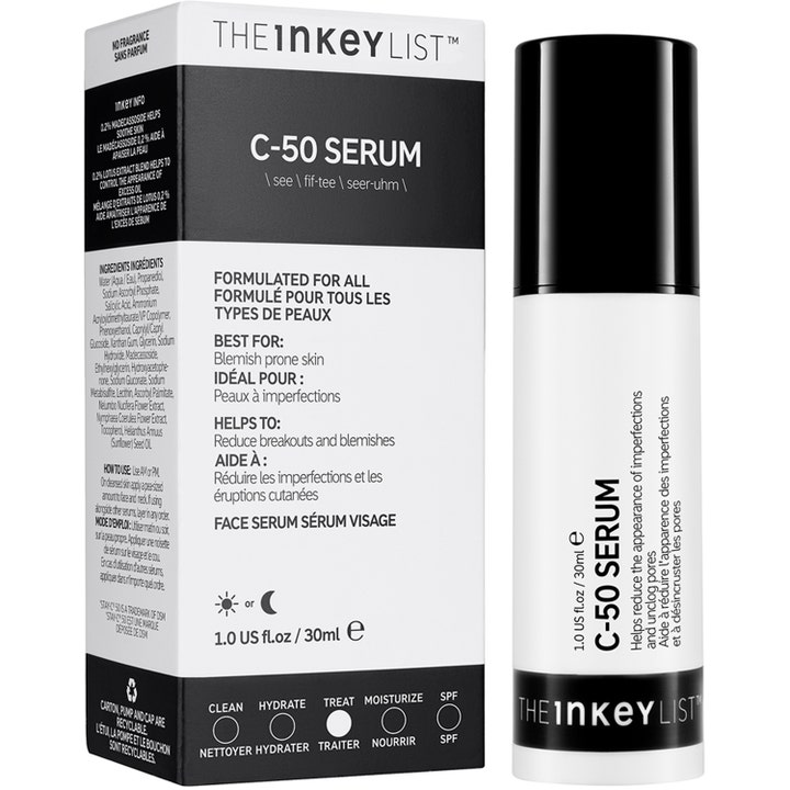 The INKEY List C-50 Serum 30 ml epäpuhtauksia vähentävä kasvoseerumi mustavalkoisessa pumppupullossa.