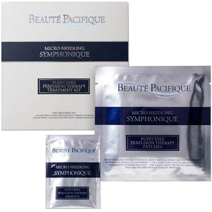 Beauté Pacifique Symphonique Micro-Needling Puffy Eyes silmänympäryshoito vähentää turvotusta, valkoinen rasia ja hopeapussit.