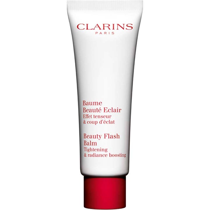 Clarins Beauty Flash Balm 50 ml heleyttävä voide valkoisessa tuubissa jossa on punainen korkki.