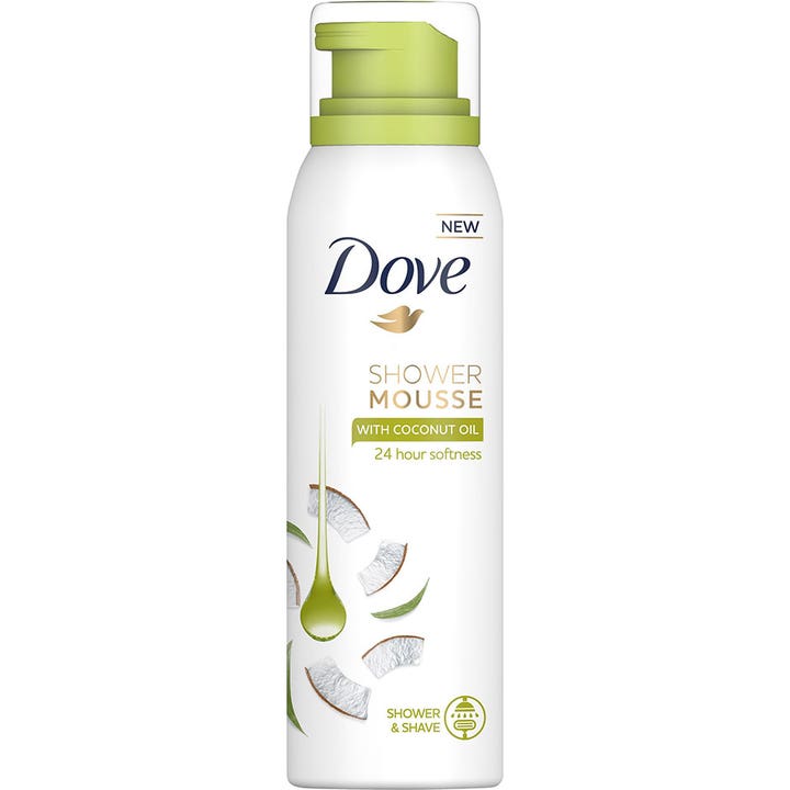Dove Shower Mousse with Coconut Oil 200 ml kosteuttava suihkuvaahto valkoisessa pullossa vihreällä korkilla.