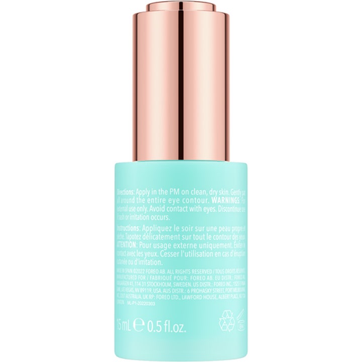 FOREO IRIS Firming PM Eye Serum 15 ml kiinteyttävä silmänympärysseerumi vaaleansinisessä pullossa ruusukultaisella korkilla