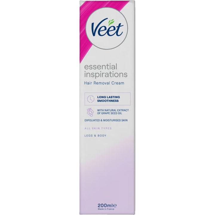 Veet Essential Inspirations 200 ml ihokarvanpoistovoide antaa sileän ihon valkoisessa pakkauksessa jossa on pinkkejä kuvioita.
