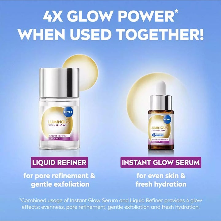 NIVEA Luminous630 Skin Glow 15 ml seerumi ja Liquid Refiner kirkastavat ihoa ja supistavat ihohuokosia.