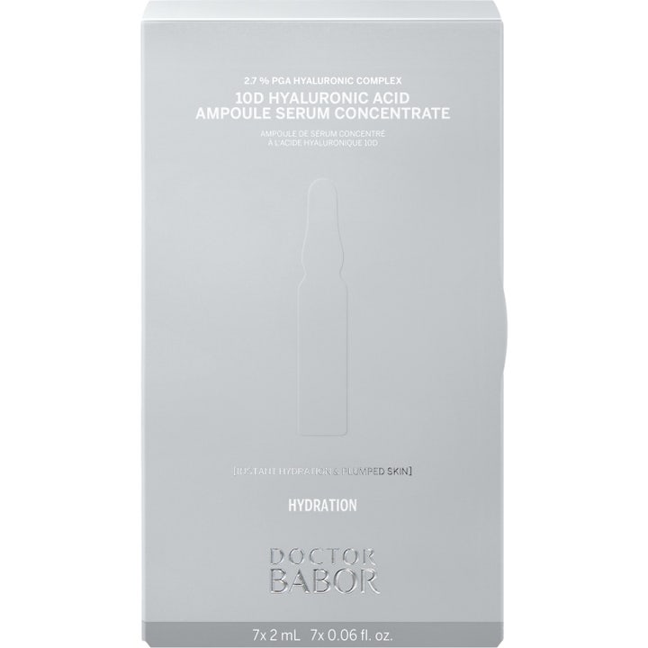Doctor Babor Hyaluronic Acid 2 ml kosteuttava seerumi kirkkaassa lasiampullissa jossa on mustaa tekstiä.