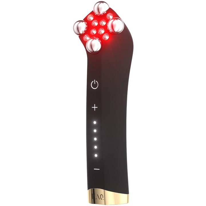 FAQ Swiss FAQ 402 Dual Microcurrent NIR LED kiinteyttävä laite, jossa on punainen valo ja hopeiset hierontapäät.
