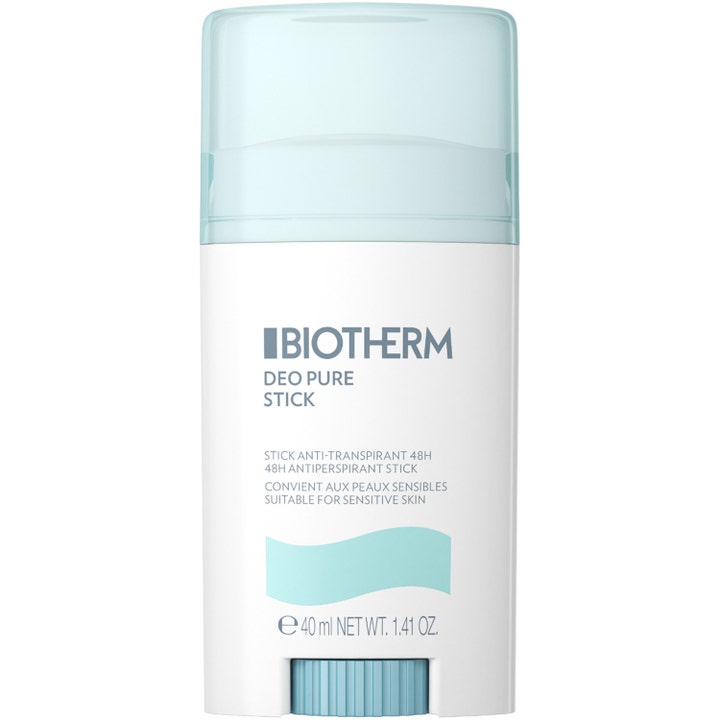 Biotherm Deo Pure Stick 40 ml 48h antiperspirantti suojaa herkkää ihoa valkoisessa pakkauksessa vaaleansinisellä korkilla