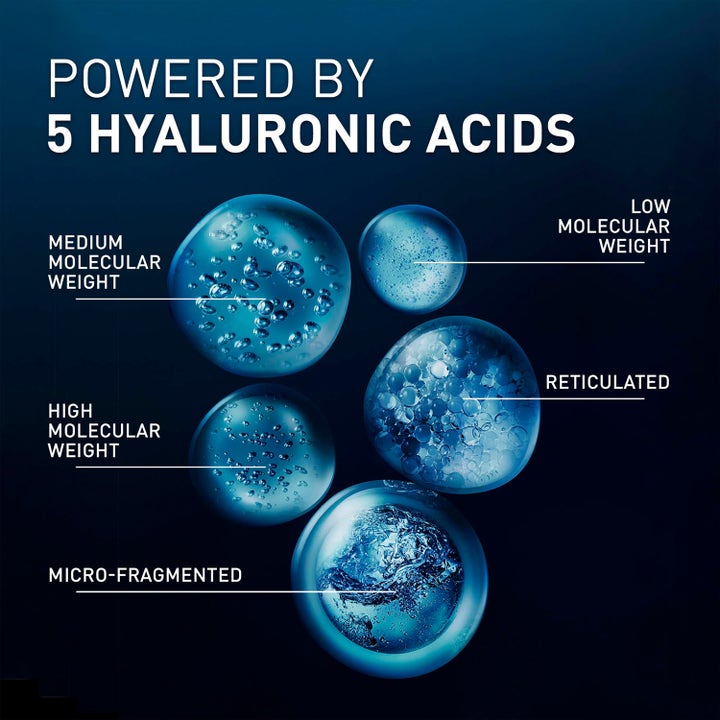 Filorga Hyalu-Filler Serum 30 ml kosteuttava seerumi infografiikka viidestä eri hyaluronihaposta.