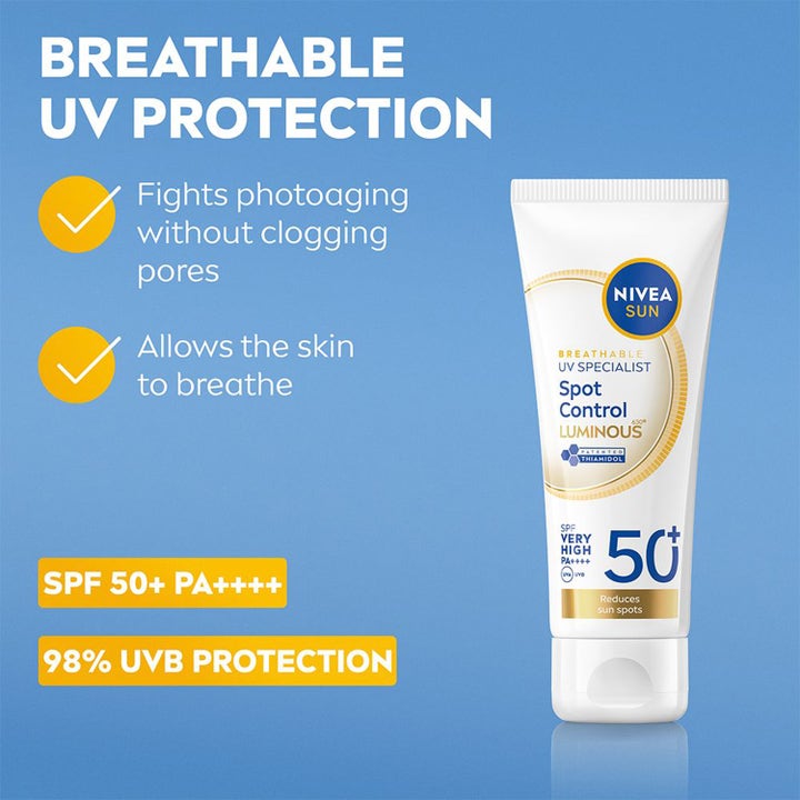Nivea UV Face Luminous630 40 ml aurinkovoide kasvoille vaalentaa tummia läiskiä ja antaa hengittävän SPF 50+ suojan.