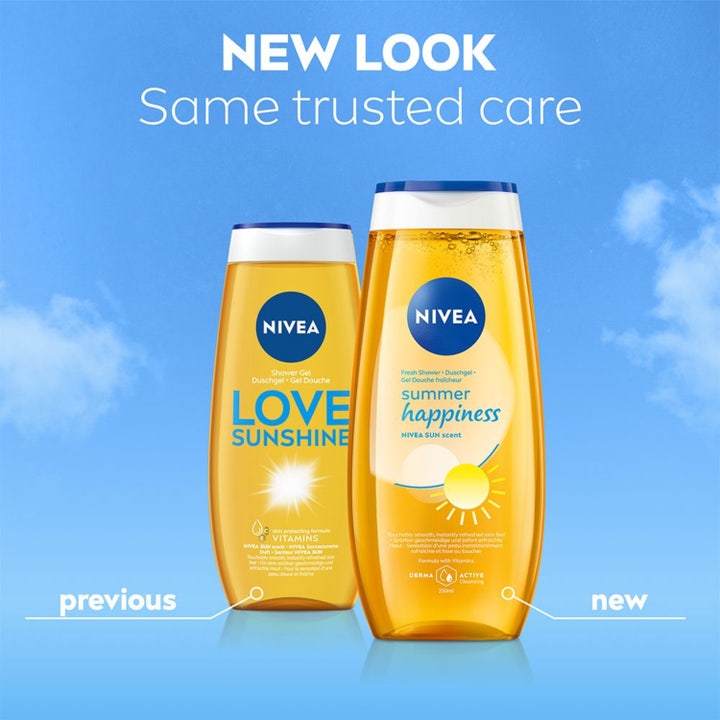 NIVEA Love Sunshine 250 ml suihkugeeli keltaisessa pullossa jossa 99 % biohajoava koostumus ja 96 % kierrätetty pullo.